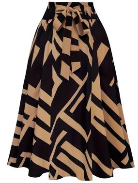 High-Waist Black and Tan Geometric Midi Skirt